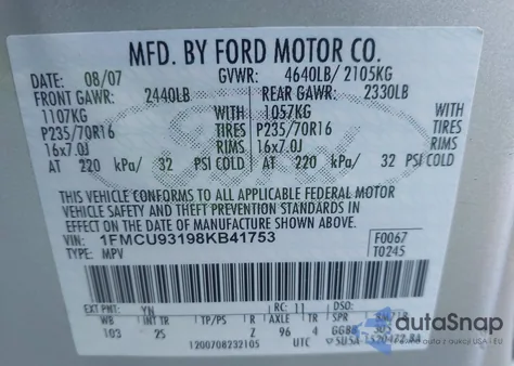 2008 Ford Escape Xlt z USA, uszkodzony, nr VIN 1FMCU93198KB41753